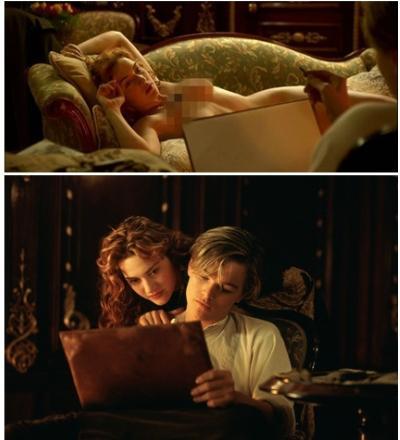 泰坦尼克号 《泰坦尼克号》中Jack给Rose画像时让她“Over on the bed.The couch.”（躺在床上，呃，我是说沙发上）。