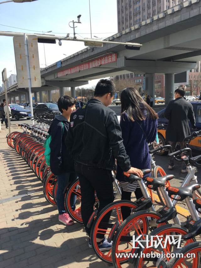 学生们在街上调查市民们“共享单车”使用体验。