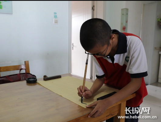 练习毛笔字也是田佳沛平时的爱好之一.长城网记者 张霄宇 摄