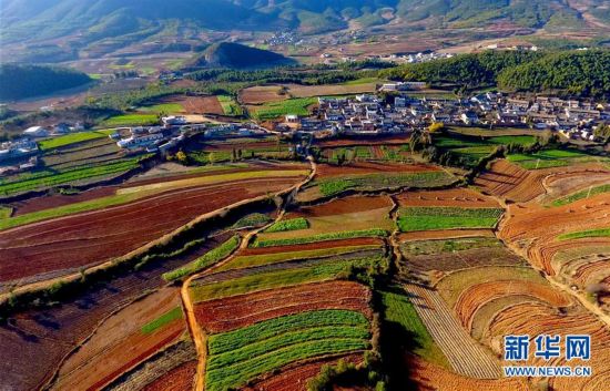 俯瞰秀美的雲南省曲靖市馬龍縣山鄉,一棟棟農民新居拔地而起,即將播種