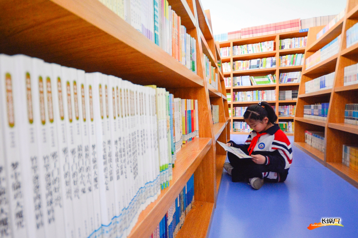 图为河北省邯郸市邯山区光明南小学学生在学校图书馆读书